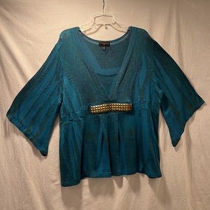 Blue-Green Marbled Sweater Blouse with Brass Stud Detail by Investments in 2X